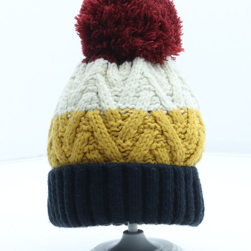 F&F Boys Multicoloured Colourblock Acrylic Bobble Hat Size S - Size 7-10 Years