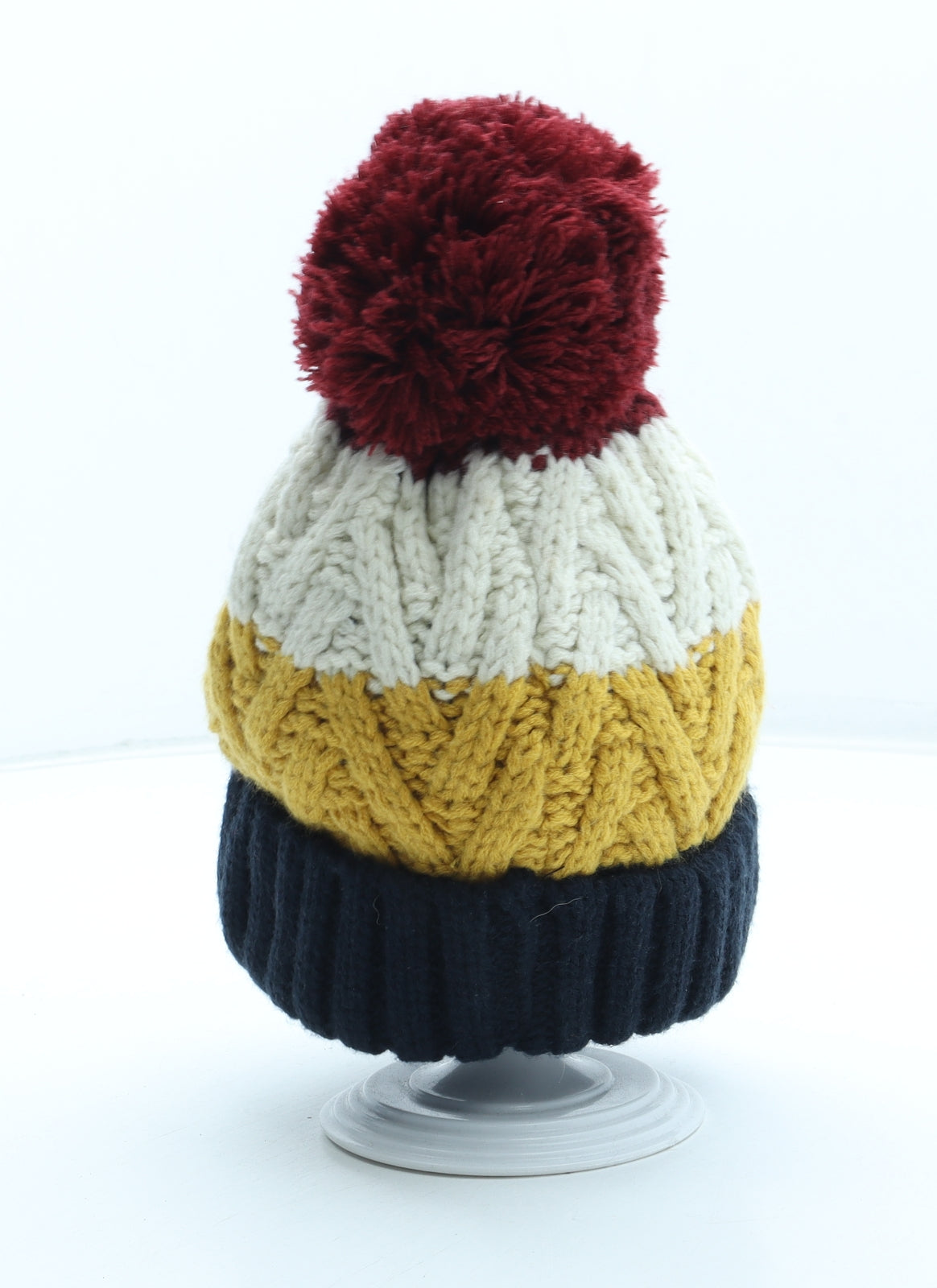 F&F Boys Multicoloured Colourblock Acrylic Bobble Hat Size S - Size 7-10 Years