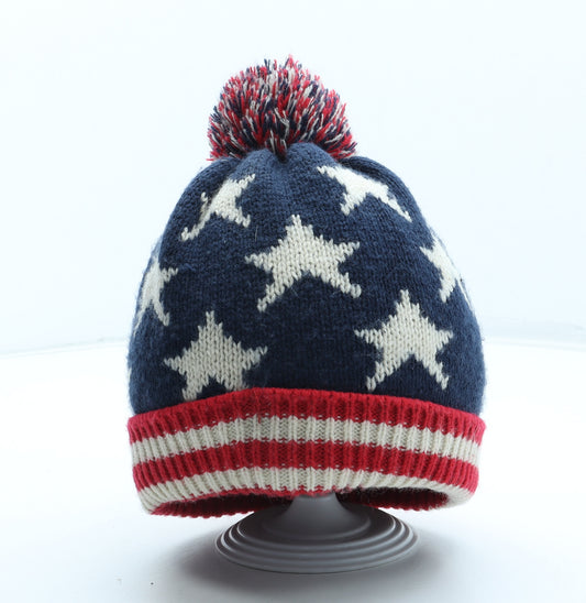 Preworn Mens Multicoloured Geometric Acrylic Beanie Size L - Star Pattern Pom Pom Detail