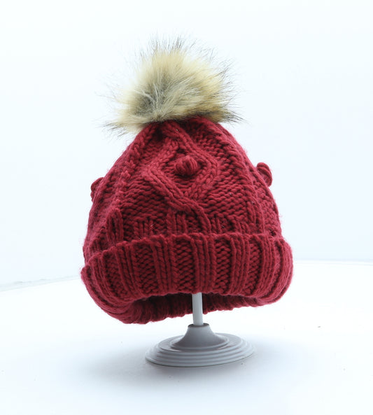 M&Co Womens Red Acrylic Bobble Hat One Size