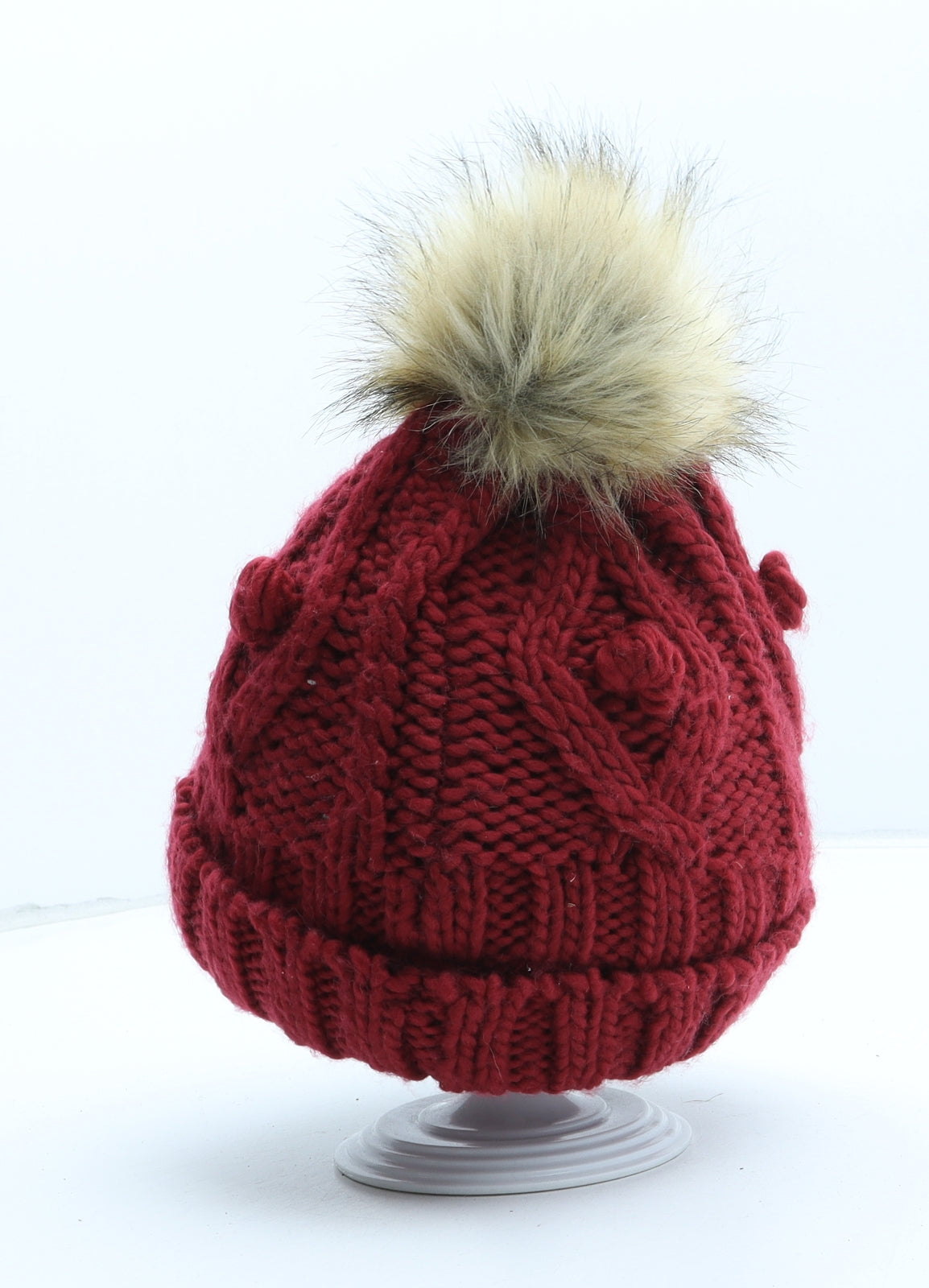 M&Co Womens Red Acrylic Bobble Hat One Size