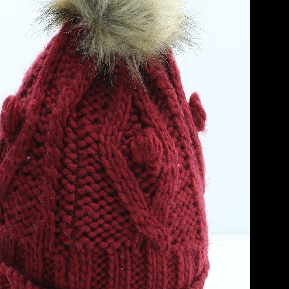 M&Co Womens Red Acrylic Bobble Hat One Size