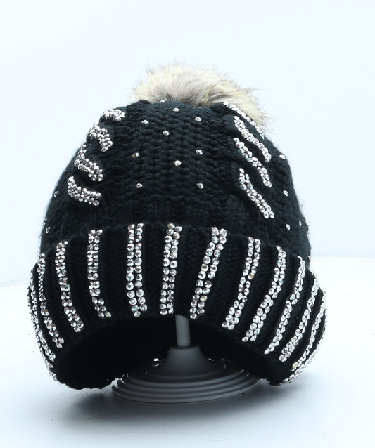 Preworn Womens Black Geometric Acrylic Bobble Hat One Size