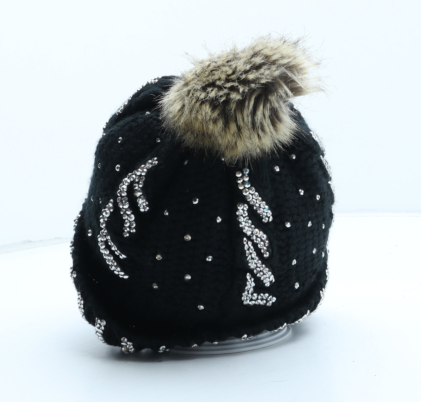 Preworn Womens Black Geometric Acrylic Bobble Hat One Size