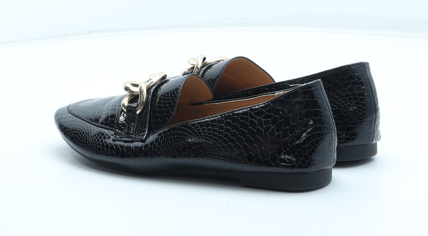 SheIn Womens Black Geometric Polyurethane Loafer Flat UK - Chain Detail Croc Texture