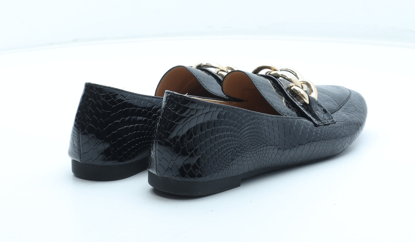 SheIn Womens Black Geometric Polyurethane Loafer Flat UK - Chain Detail Croc Texture