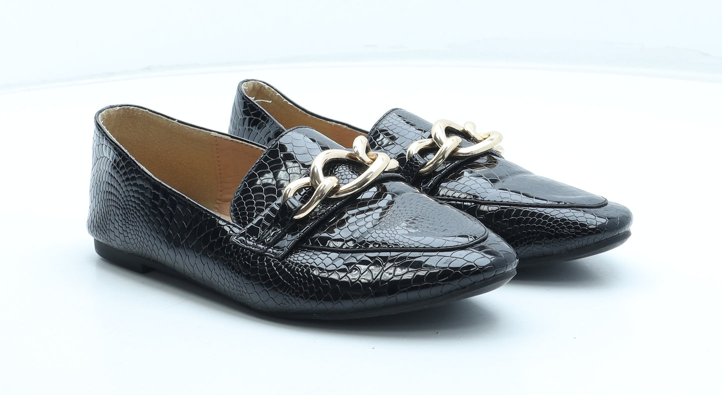 SheIn Womens Black Geometric Polyurethane Loafer Flat UK - Chain Detail Croc Texture