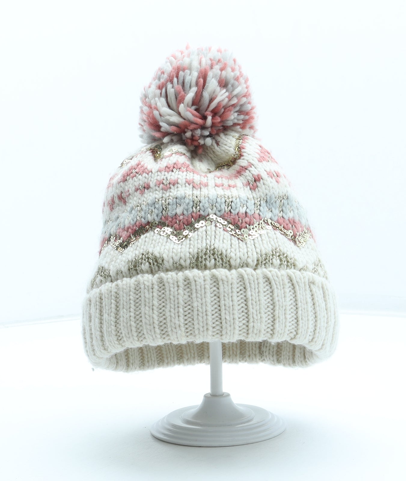 F&F Girls Multicoloured Fair Isle Acrylic Bobble Hat Size S - Size 7-10 Years