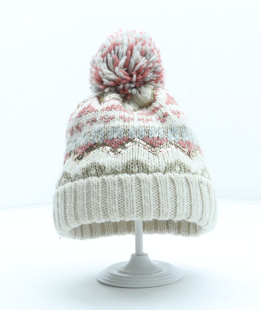 F&F Girls Multicoloured Fair Isle Acrylic Bobble Hat Size S - Size 7-10 Years