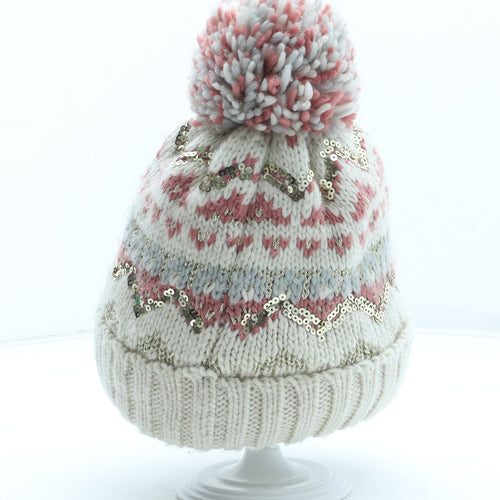 F&F Girls Multicoloured Fair Isle Acrylic Bobble Hat Size S - Size 7-10 Years
