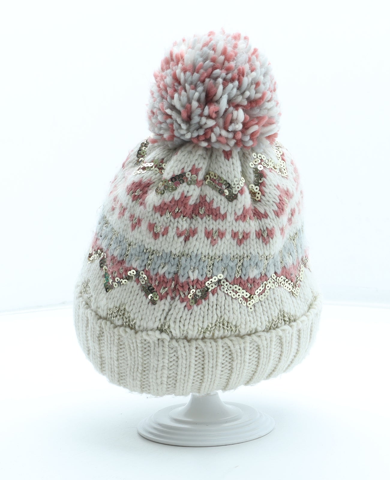 F&F Girls Multicoloured Fair Isle Acrylic Bobble Hat Size S - Size 7-10 Years
