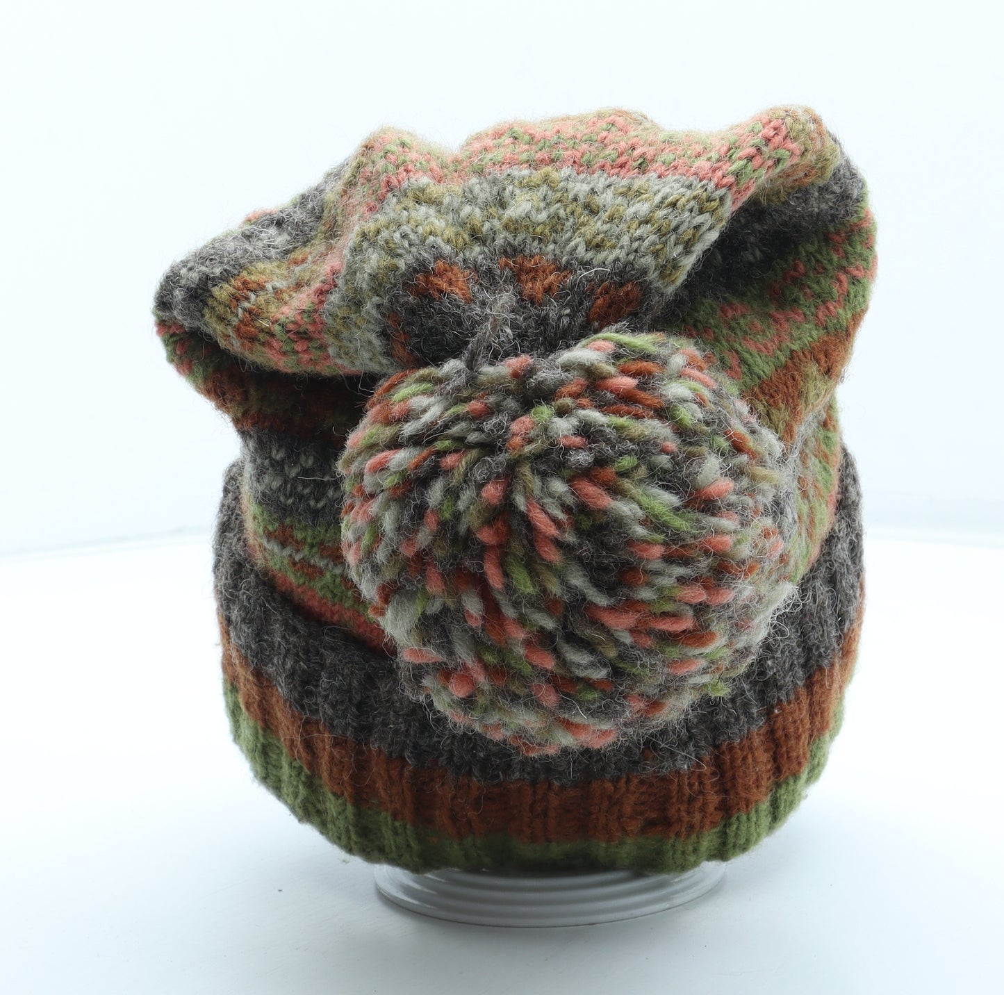 Pachamama Mens Multicoloured Fair Isle Wool Beanie Size L - Pom Pom Detail