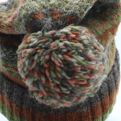 Pachamama Mens Multicoloured Fair Isle Wool Beanie Size L - Pom Pom Detail