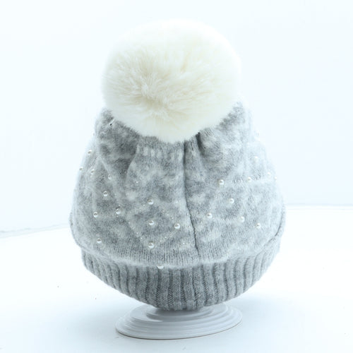 F&F Girls Grey Fair Isle Acrylic Bobble Hat One Size