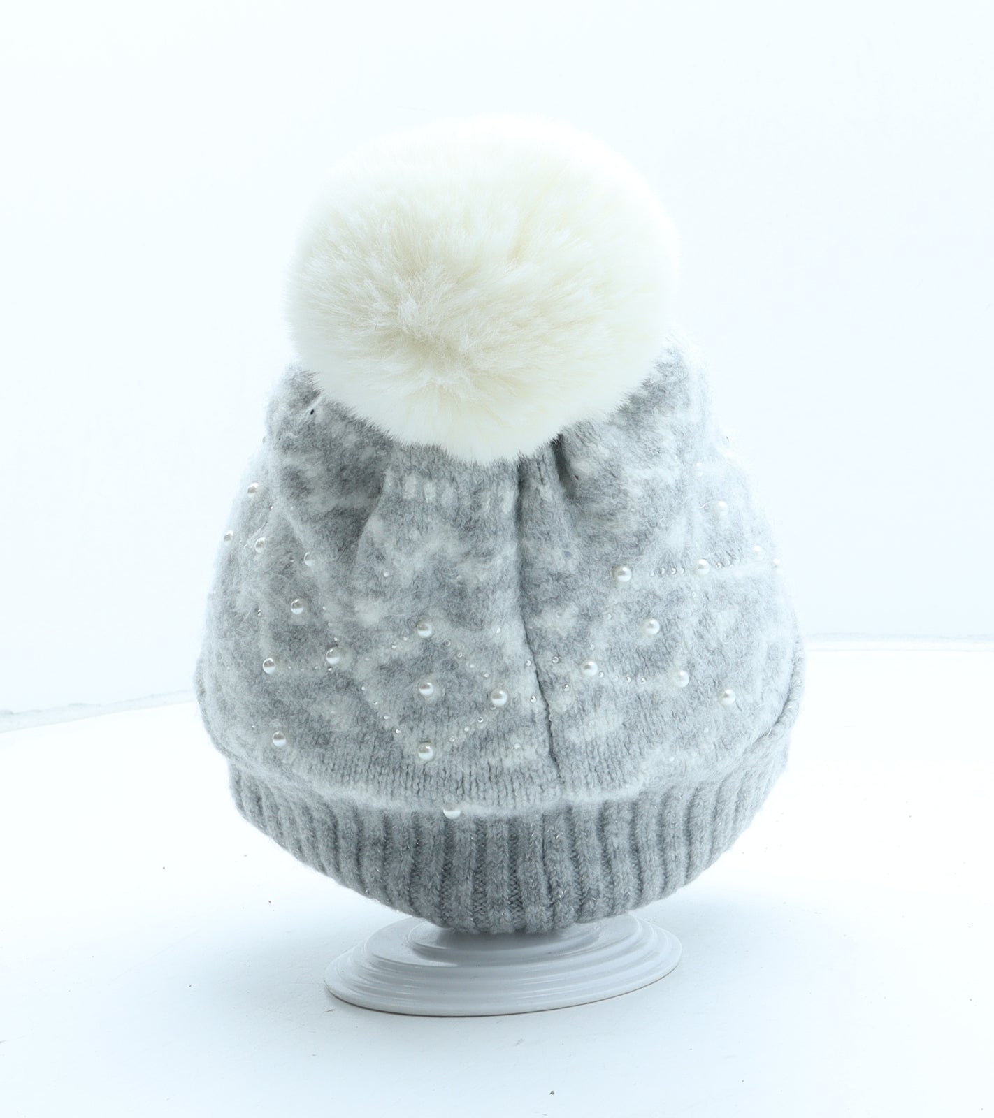 F&F Girls Grey Fair Isle Acrylic Bobble Hat One Size