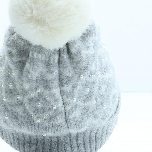 F&F Girls Grey Fair Isle Acrylic Bobble Hat One Size