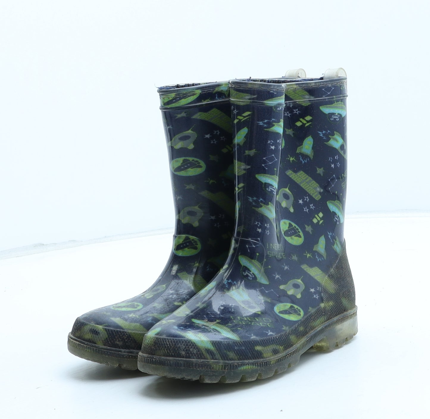 Preworn Boys Blue Geometric Synthetic Wellies Boot UK 9 - Space Rocket Pattern