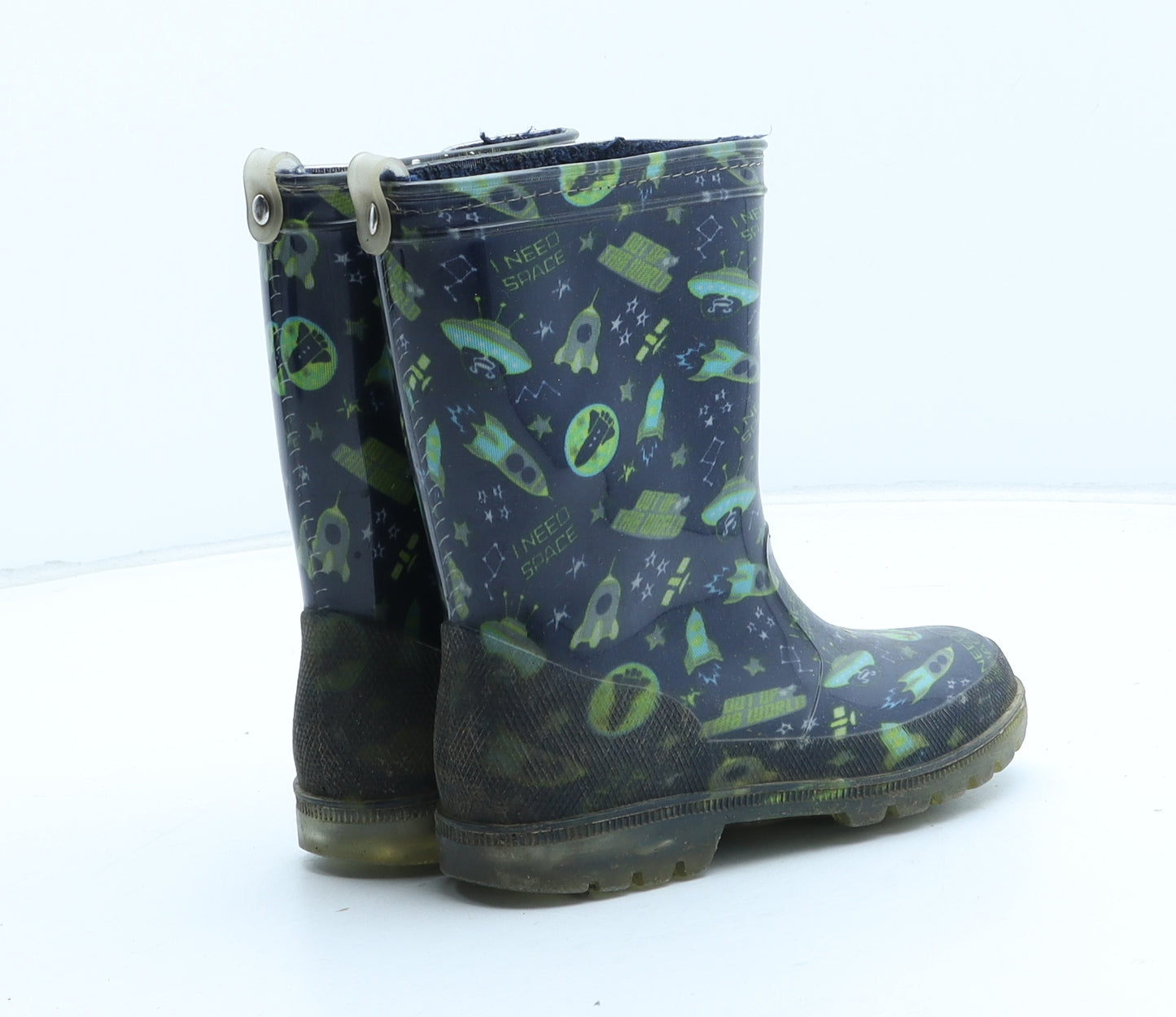 Preworn Boys Blue Geometric Synthetic Wellies Boot UK 9 - Space Rocket Pattern