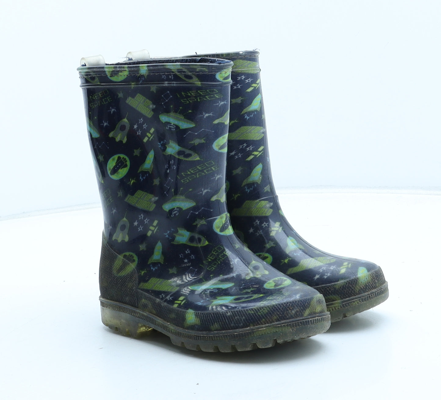 Preworn Boys Blue Geometric Synthetic Wellies Boot UK 9 - Space Rocket Pattern