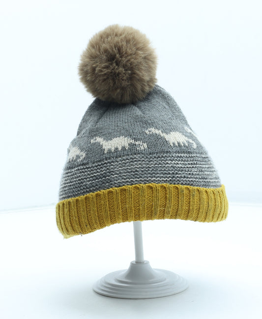 George Boys Grey Geometric Acrylic Bobble Hat Size S - Dinosaur Pattern Size 6-12 Months