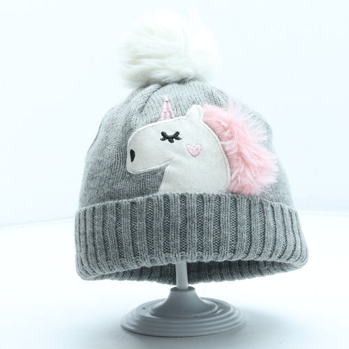 Primark Girls Grey Acrylic Bobble Hat One Size - Unicorn