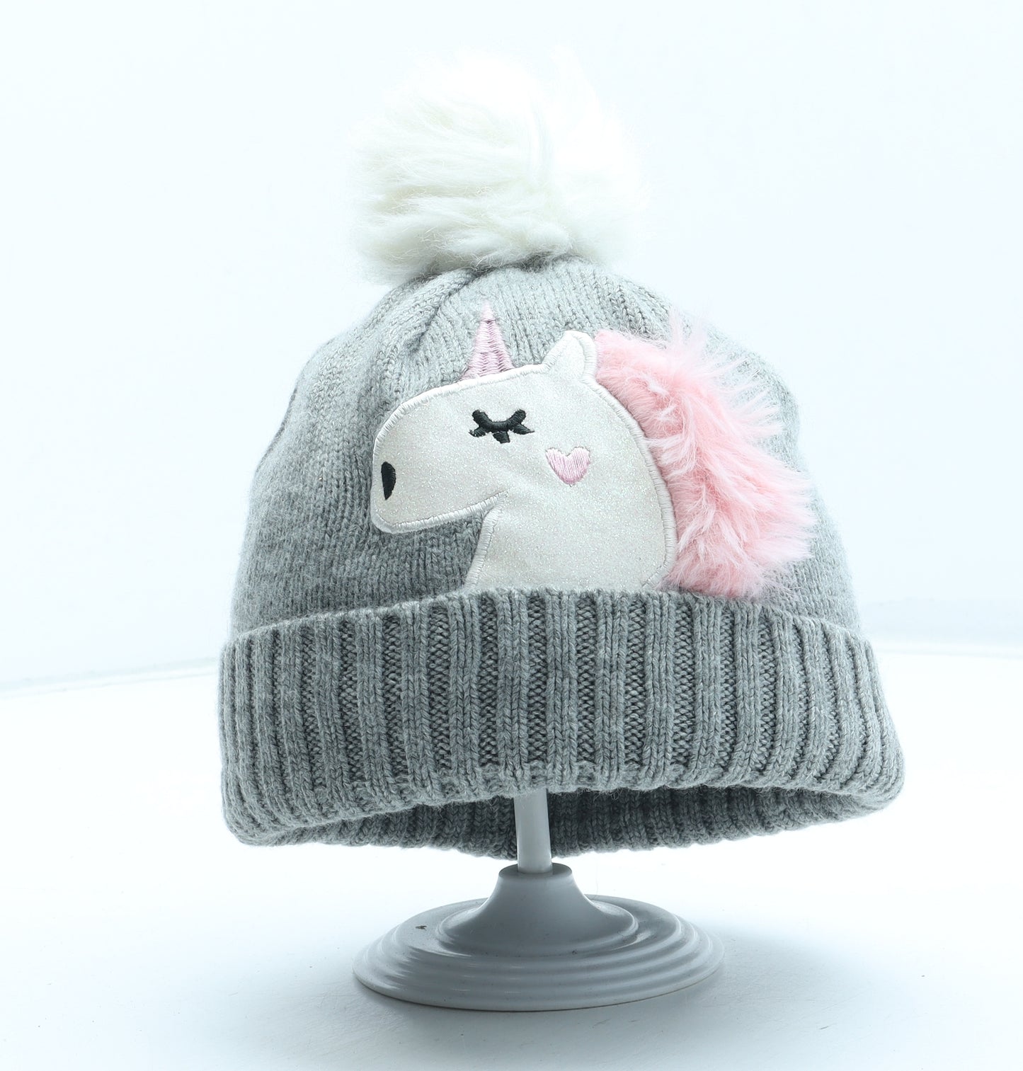 Primark Girls Grey Acrylic Bobble Hat One Size - Unicorn