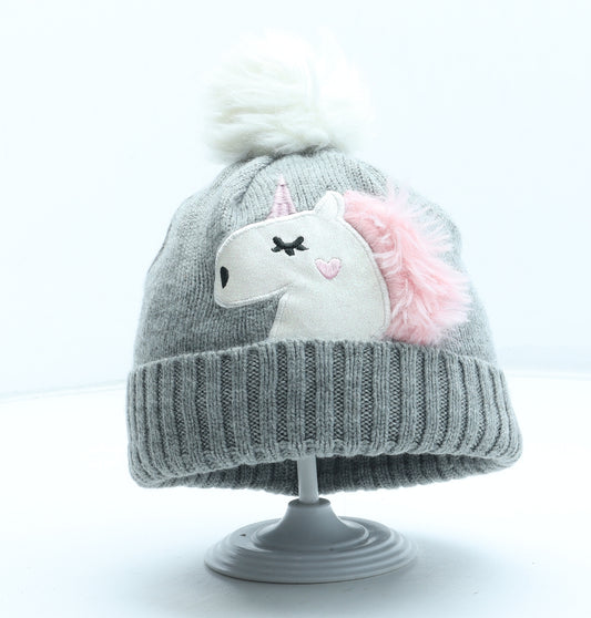 Primark Girls Grey Acrylic Bobble Hat One Size - Unicorn