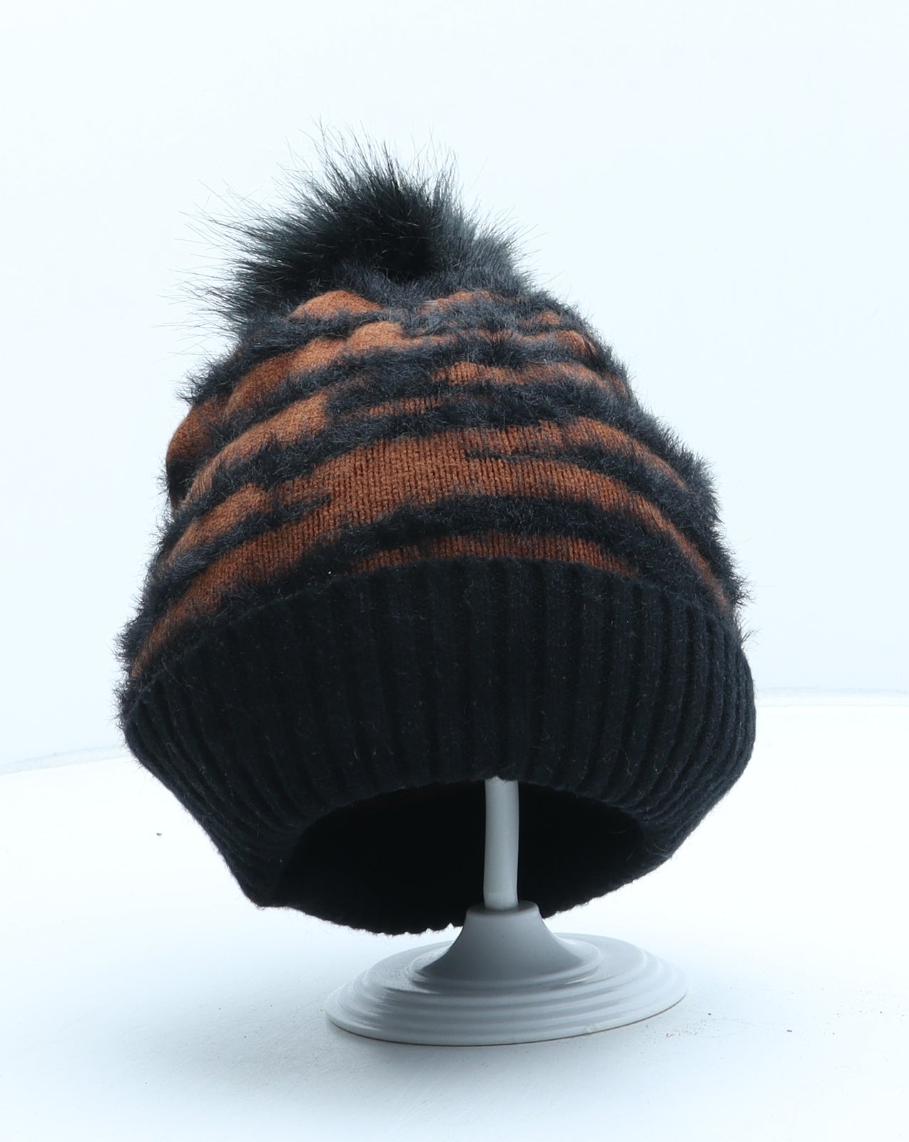 Primark Womens Orange Animal Print Acrylic Bobble Hat One Size - Tiger Pattern