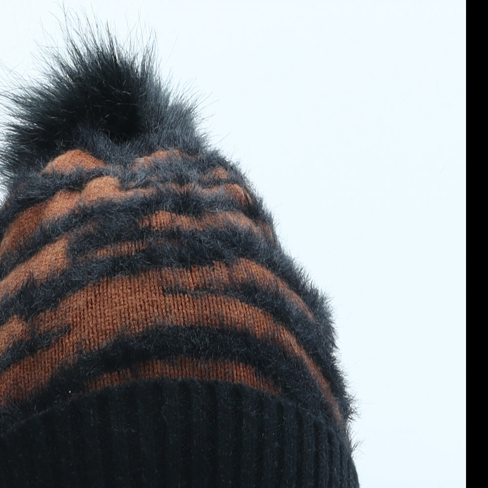 Primark Womens Orange Animal Print Acrylic Bobble Hat One Size - Tiger Pattern