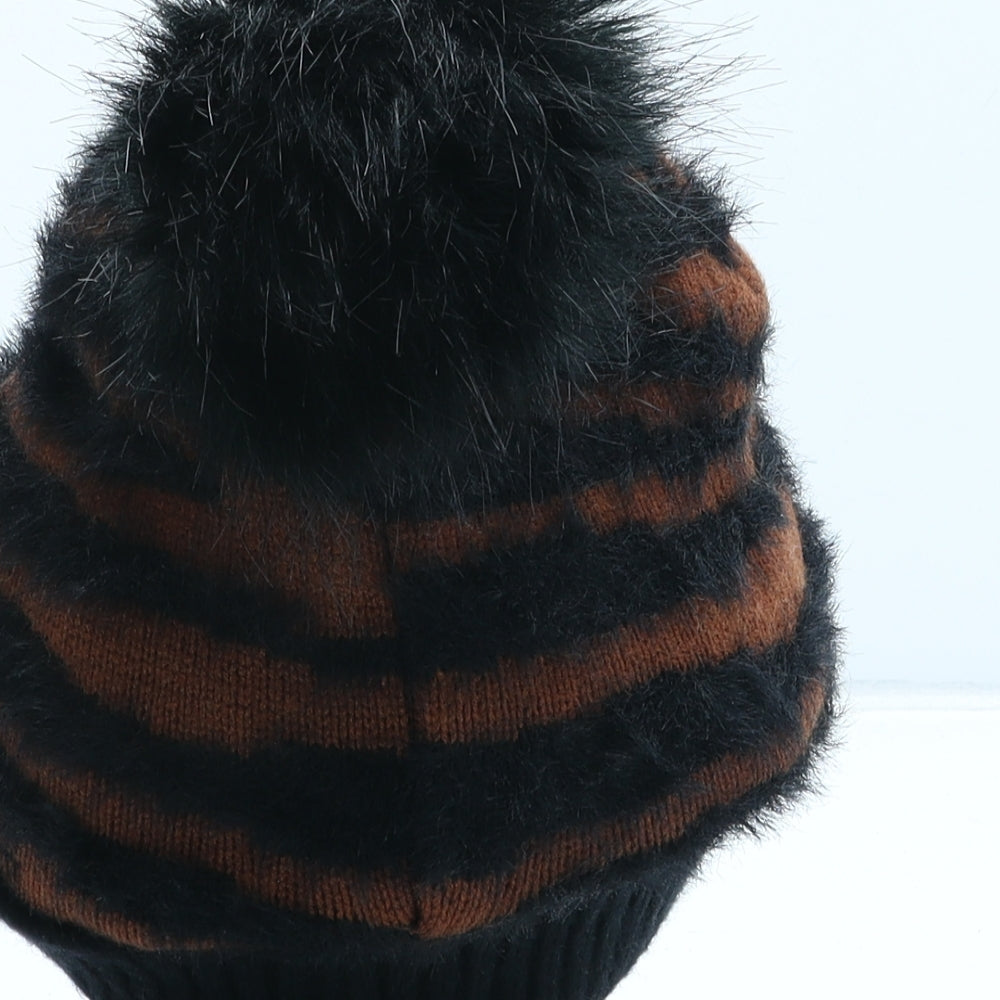 Primark Womens Orange Animal Print Acrylic Bobble Hat One Size - Tiger Pattern