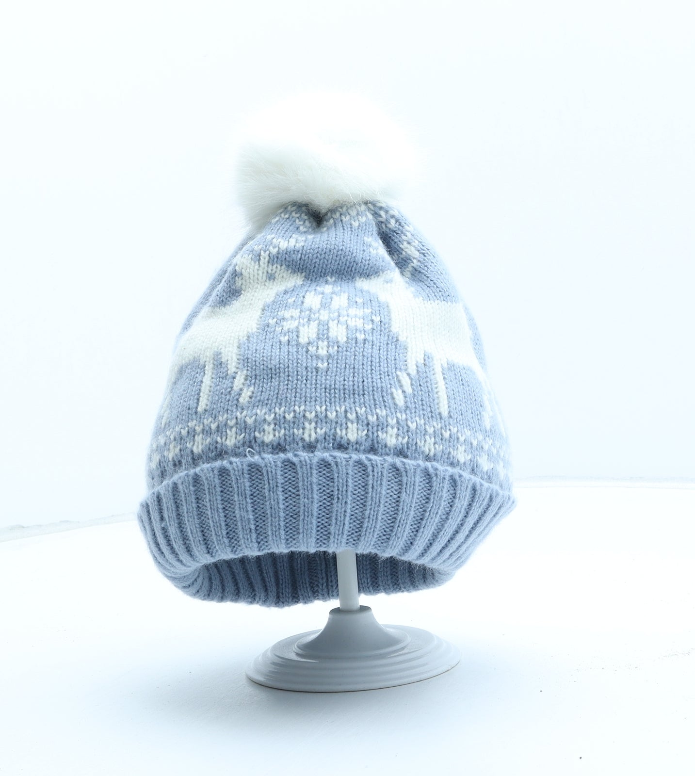 Marks and Spencer Womens Blue Fair Isle Acrylic Bobble Hat One Size - Reindeer Pattern