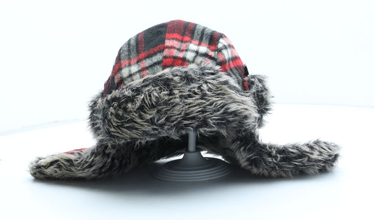 Red Monkey Mens Red Plaid Polyester Trapper Hat Size 56 - Faux Fur Trim