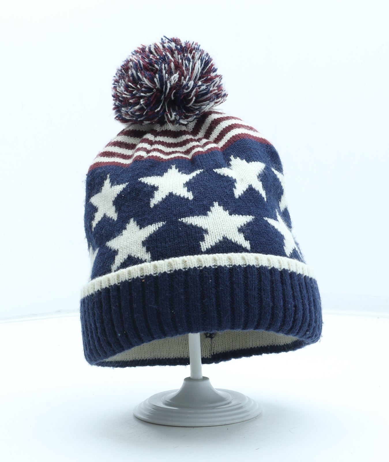 Preworn Mens Multicoloured Geometric Acrylic Beanie One Size - Star Pattern Pom Pom Detail