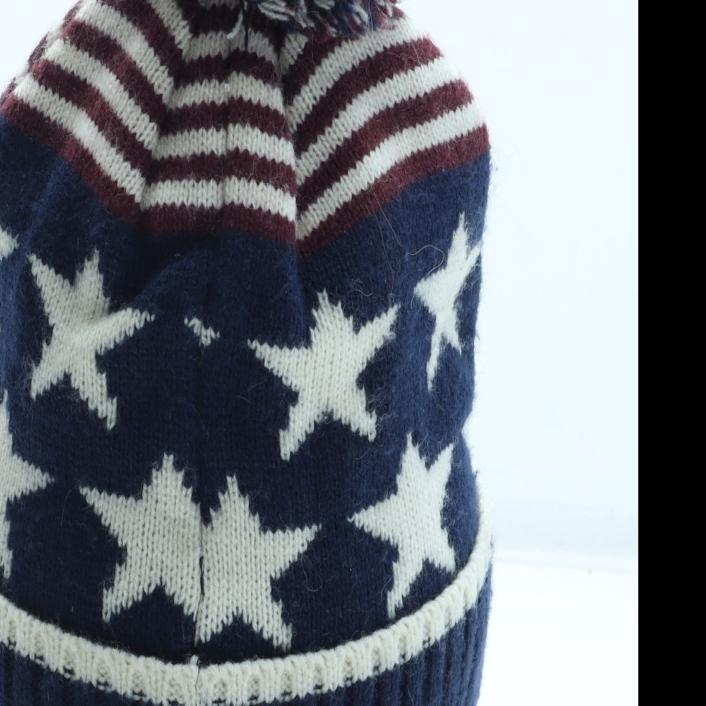Preworn Mens Multicoloured Geometric Acrylic Beanie One Size - Star Pattern Pom Pom Detail