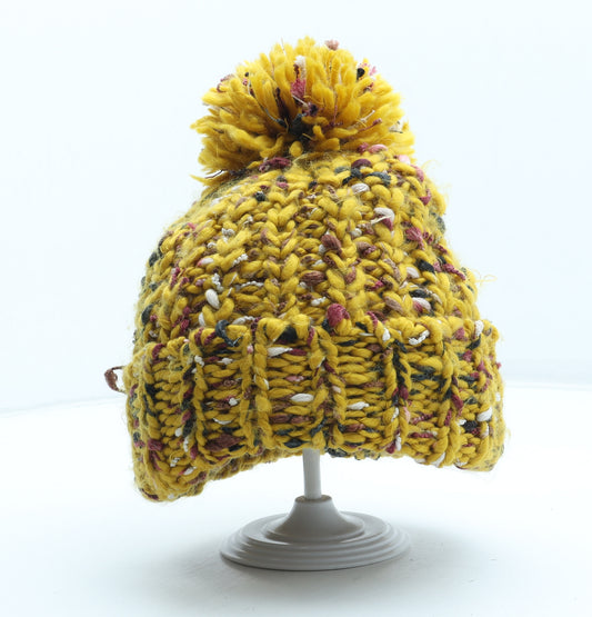 Cejon Womens Yellow Herringbone Acrylic Bobble Hat One Size