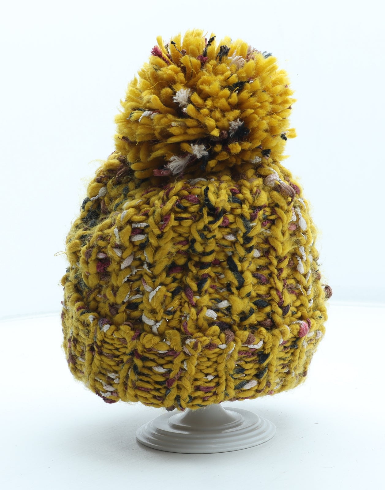 Cejon Womens Yellow Herringbone Acrylic Bobble Hat One Size