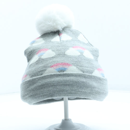 Primark Girls Grey Geometric Acrylic Bobble Hat One Size - Rainbow Pattern Size 12-24 Months