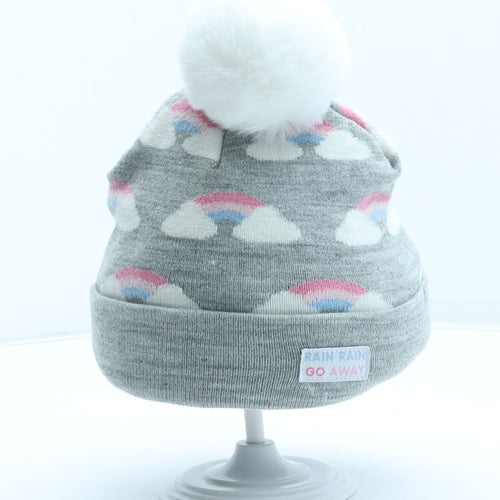 Primark Girls Grey Geometric Acrylic Bobble Hat One Size - Rainbow Pattern Size 12-24 Months