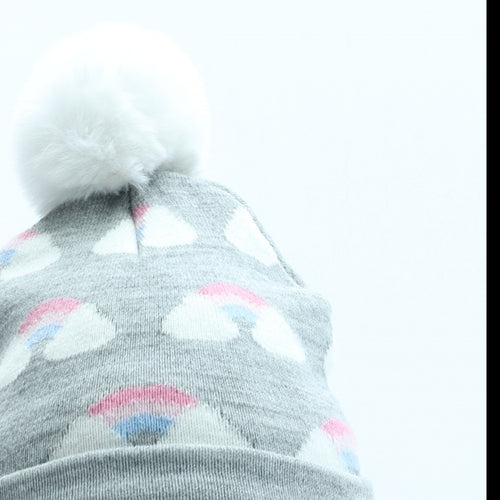 Primark Girls Grey Geometric Acrylic Bobble Hat One Size - Rainbow Pattern Size 12-24 Months
