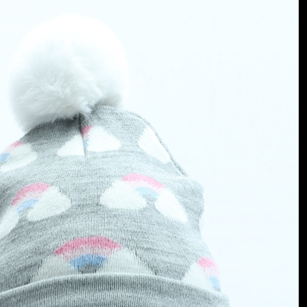 Primark Girls Grey Geometric Acrylic Bobble Hat One Size - Rainbow Pattern Size 12-24 Months