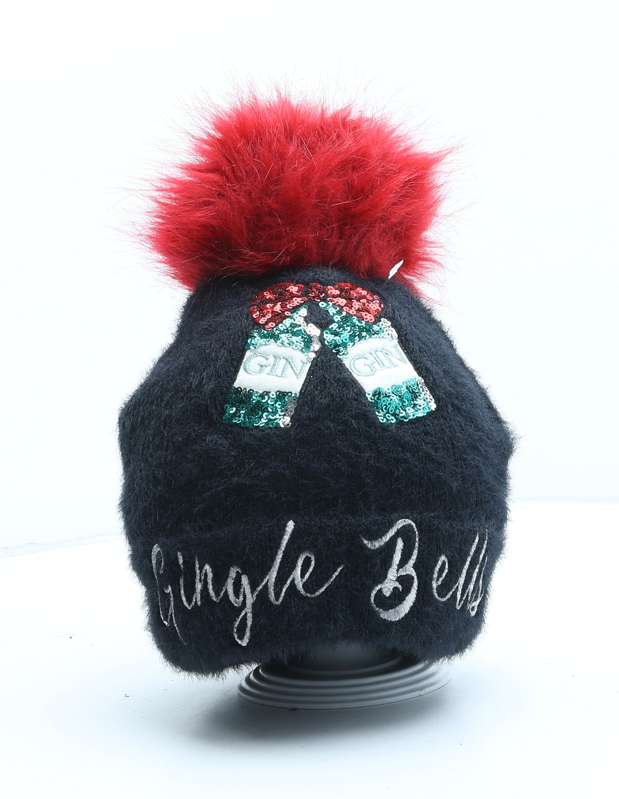 F&F Womens Blue Gingham Nylon Bobble Hat One Size - Christmas Gingle Bells