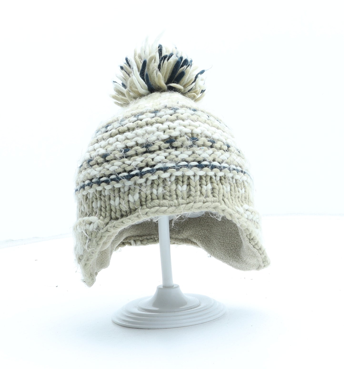 F&F Boys Beige Striped Acrylic Winter Hat One Size - Bobble Hat