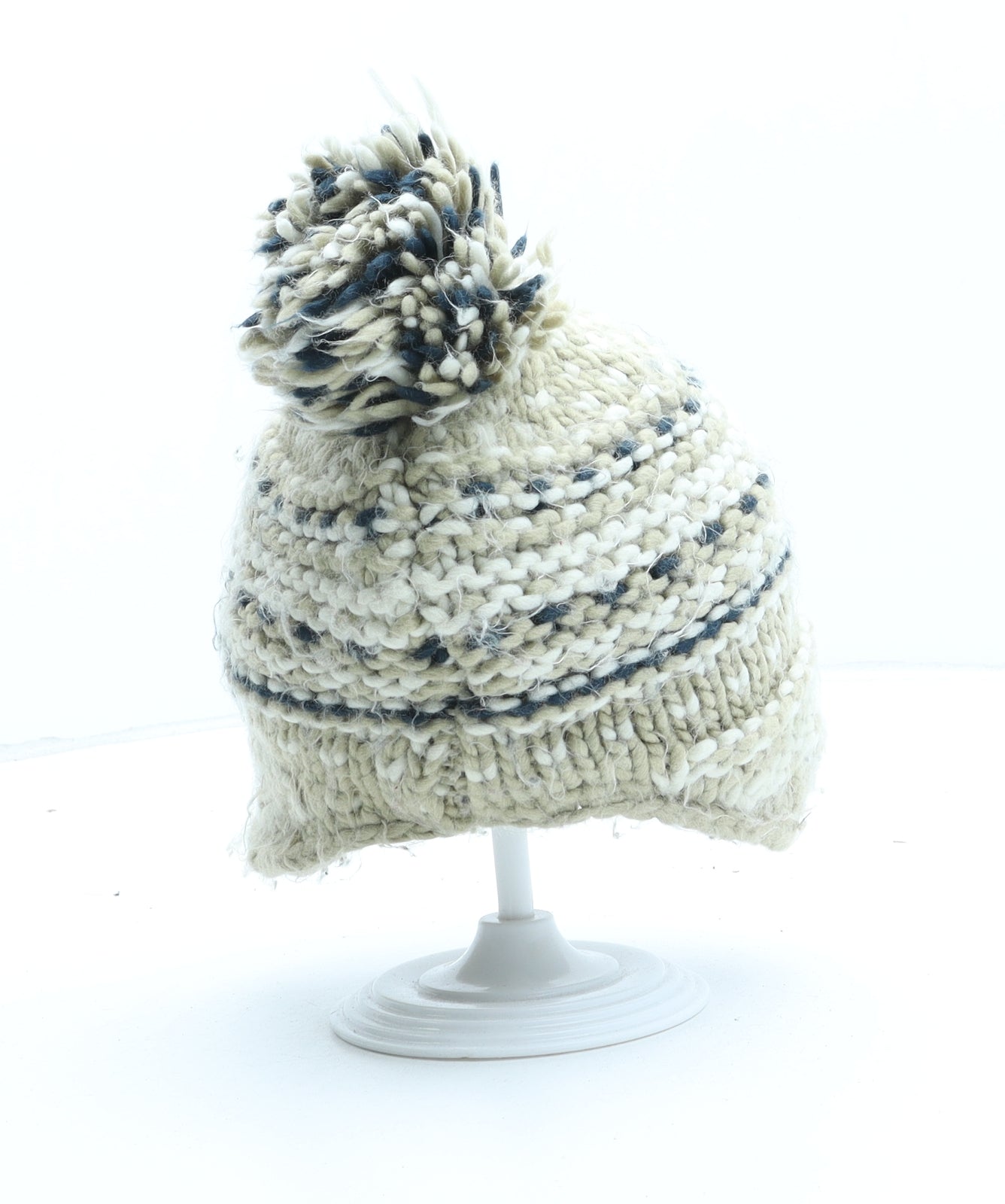F&F Boys Beige Striped Acrylic Winter Hat One Size - Bobble Hat