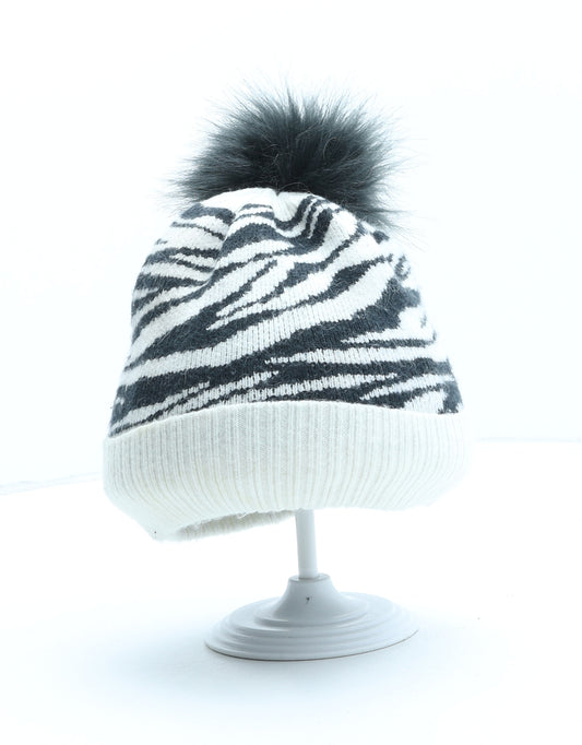 Marks and Spencer Girls Black Animal Print Viscose Bobble Hat One Size - Zebra Pattern Size 10-13 Years