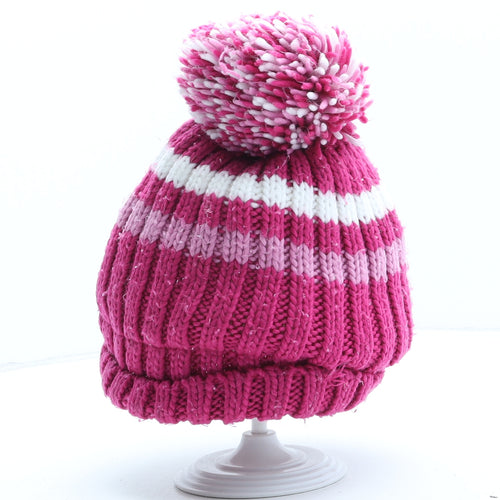 Preworn Girls Pink Colourblock Acrylic Bobble Hat One Size