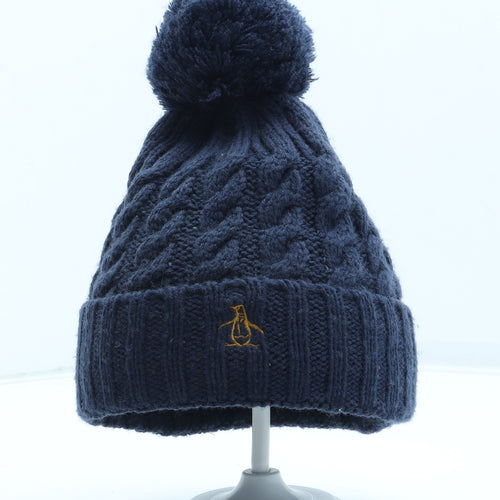 Penguin Mens Blue Polyester Beanie One Size - Pom Pom Detail