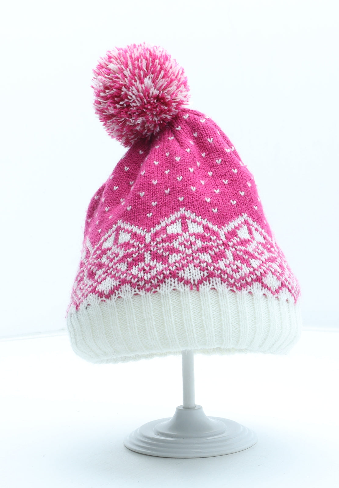 Preworn Girls Pink Fair Isle Acrylic Bobble Hat Size S