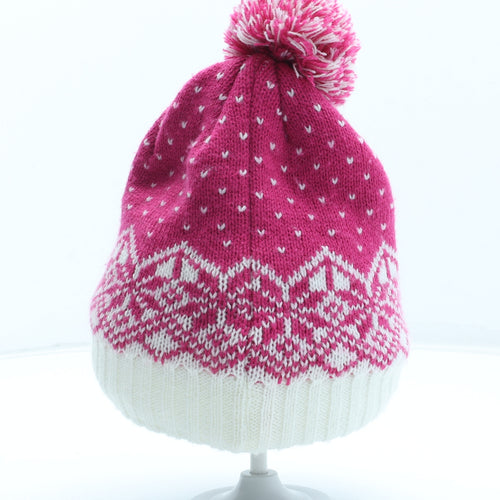 Preworn Girls Pink Fair Isle Acrylic Bobble Hat Size S