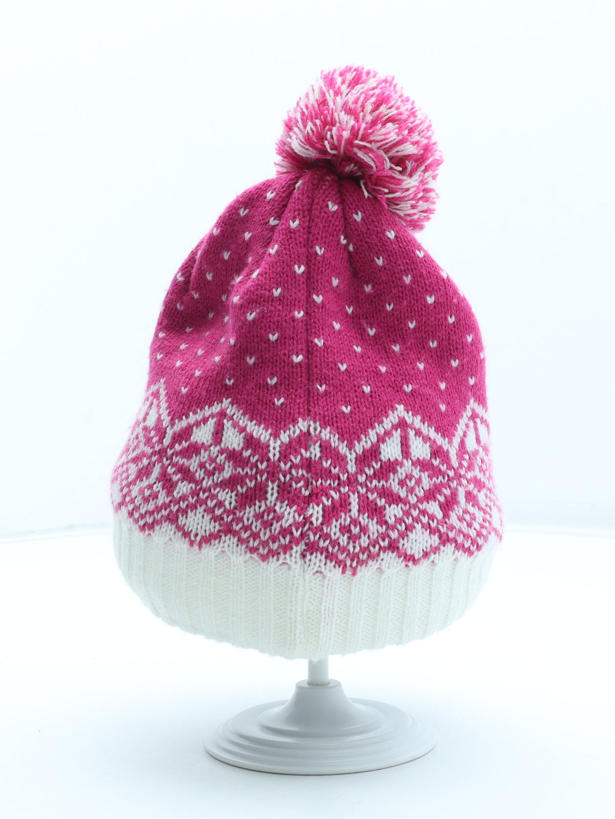 Preworn Girls Pink Fair Isle Acrylic Bobble Hat Size S
