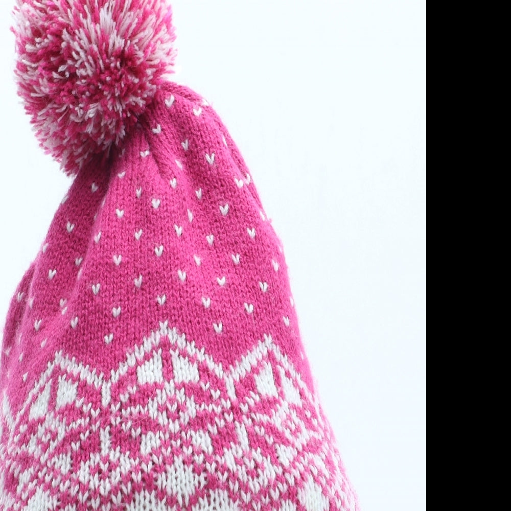 Preworn Girls Pink Fair Isle Acrylic Bobble Hat Size S